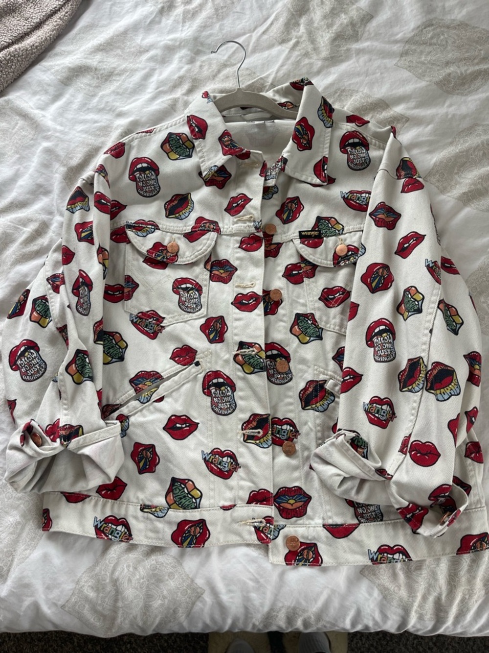 Wrangler White Denim Jacket with Red Lip Print